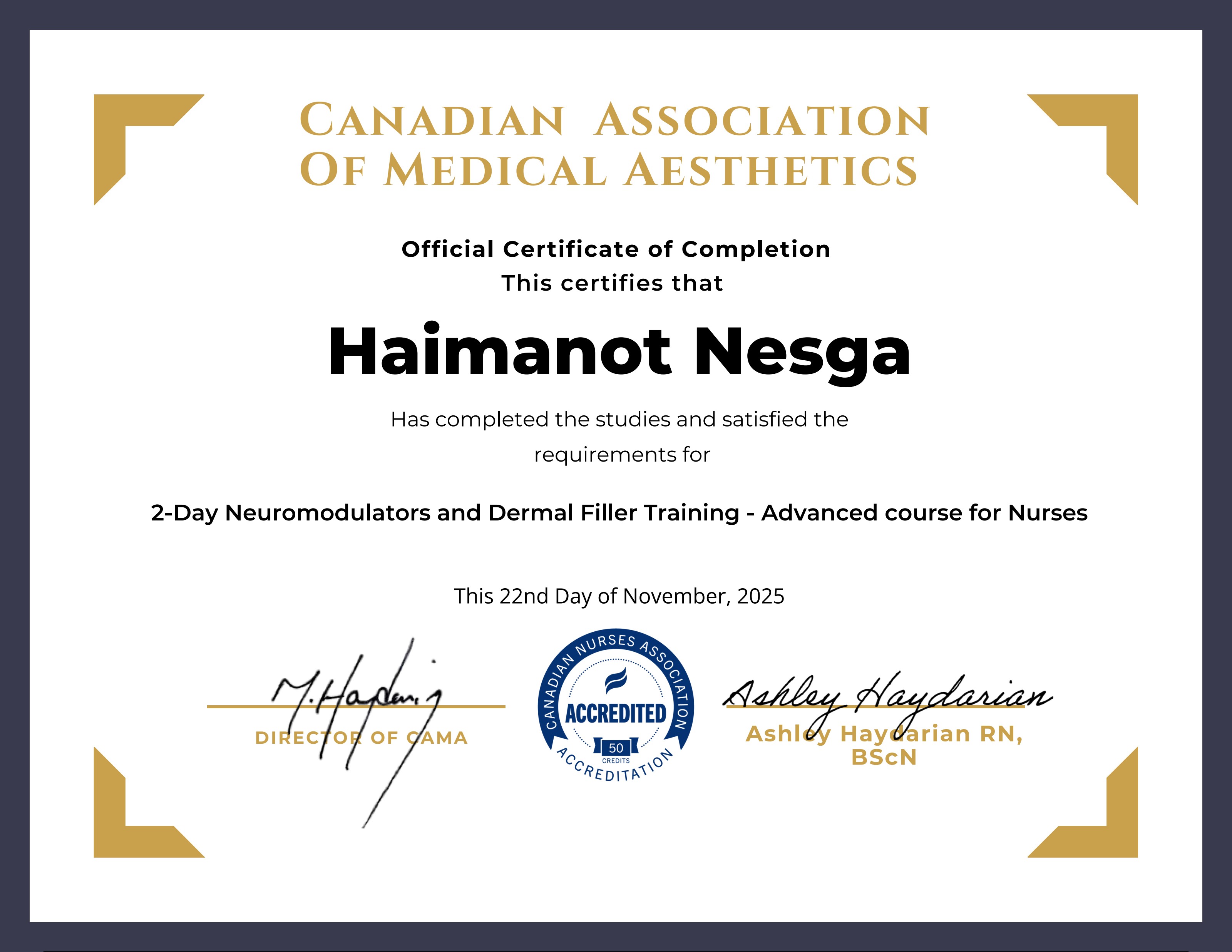Advanced Neuromodulators & Dermal Fillers — issued by Canadian Association of Medical Aesthetics