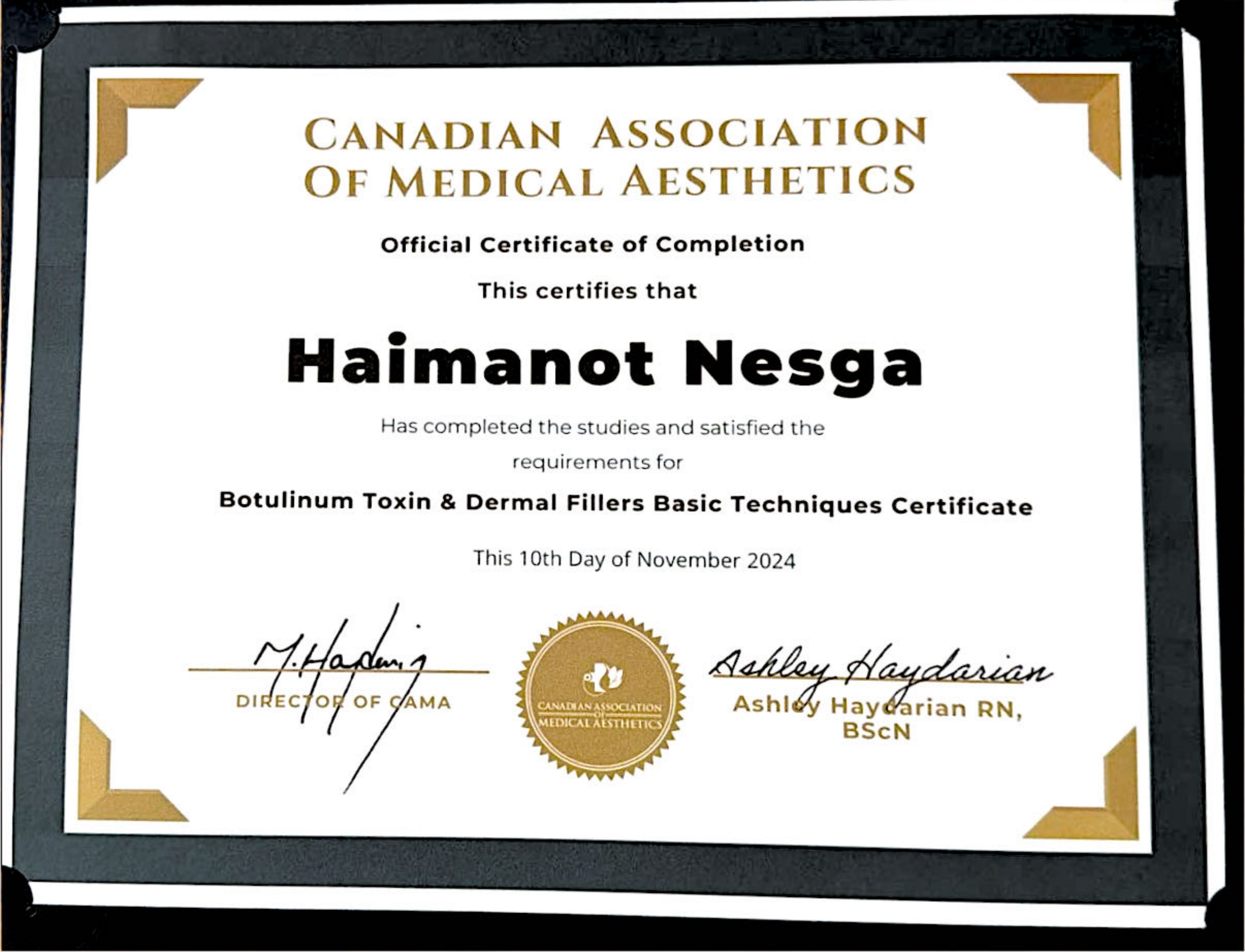 Botulinum Toxin & Dermal Fillers — Basic Techniques — issued by Canadian Association of Medical Aesthetics
